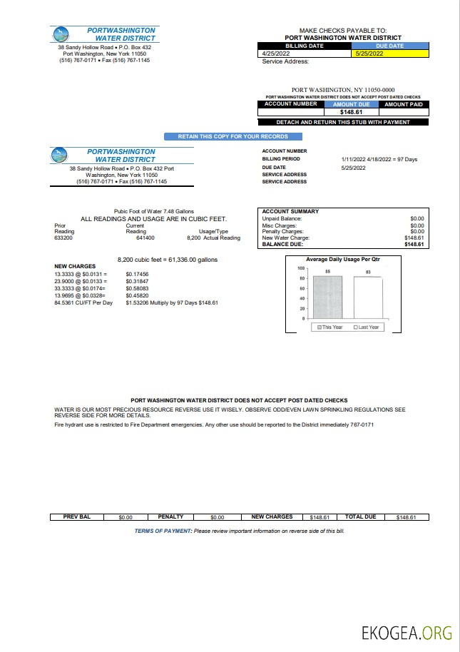 USA New York Port Washington Water District utility bill template in Word and PDF format